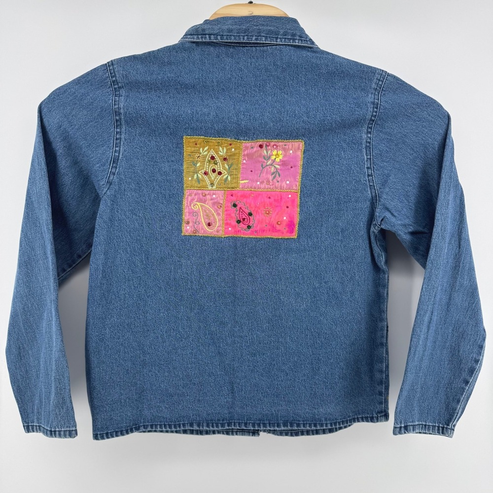 New Identity Denim Jacket Women Medium Blue Embroidered Beaded Boho Art to Wear